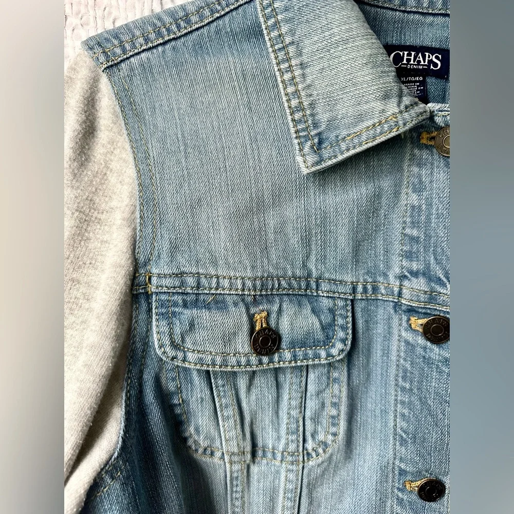 Chaps Mixed Media Denim Jacket Gray Terry Sleeves Size L